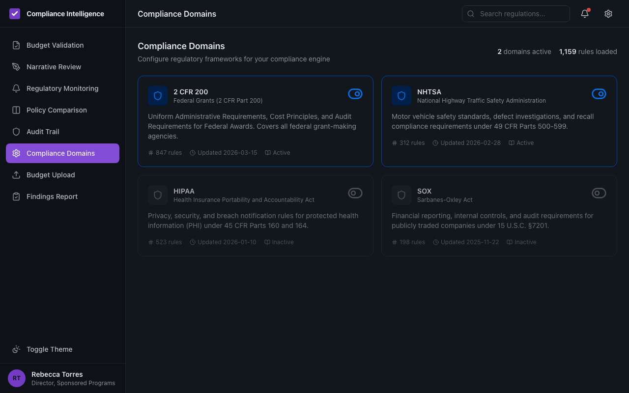 Configurable compliance domain settings
