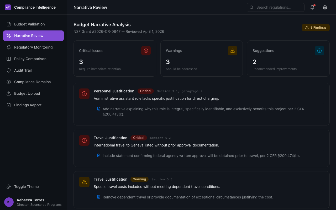 AI narrative review with flagged findings