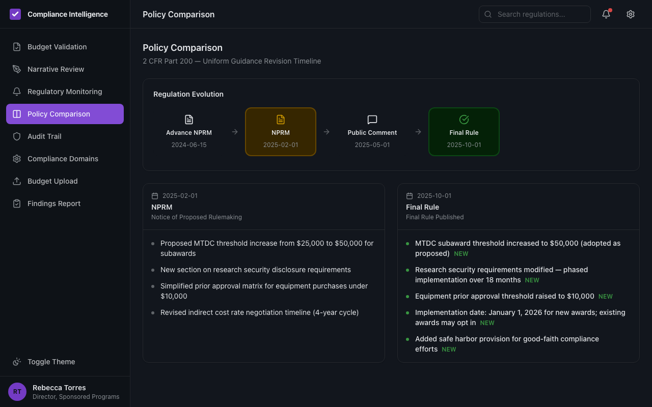Side-by-side policy comparison view