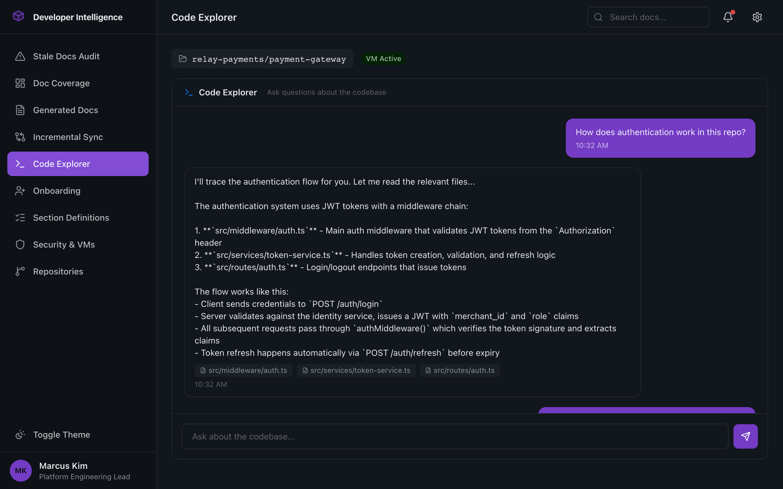 Conversational code exploration chat interface