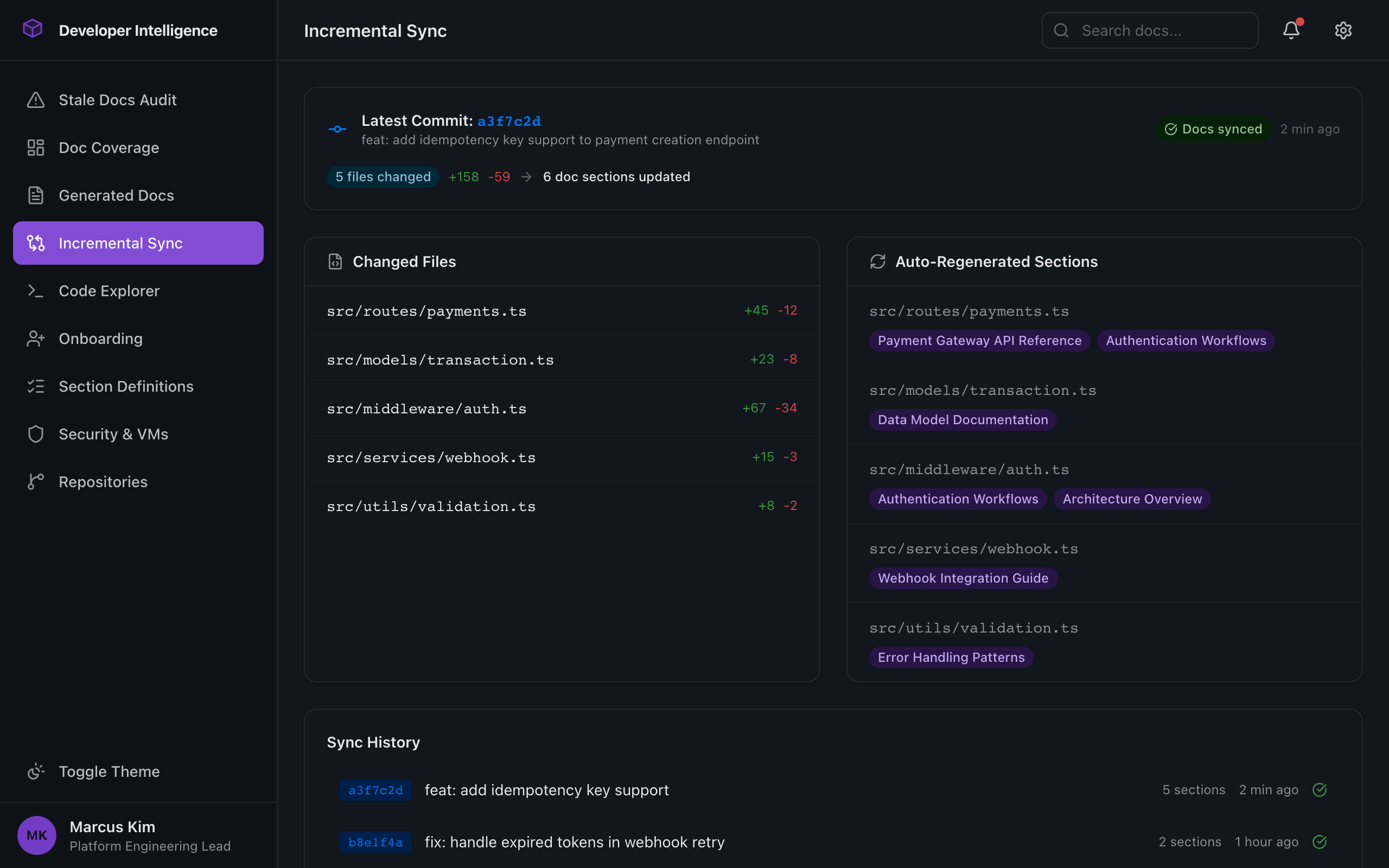 Incremental sync view showing git diffs and auto-regenerated doc sections