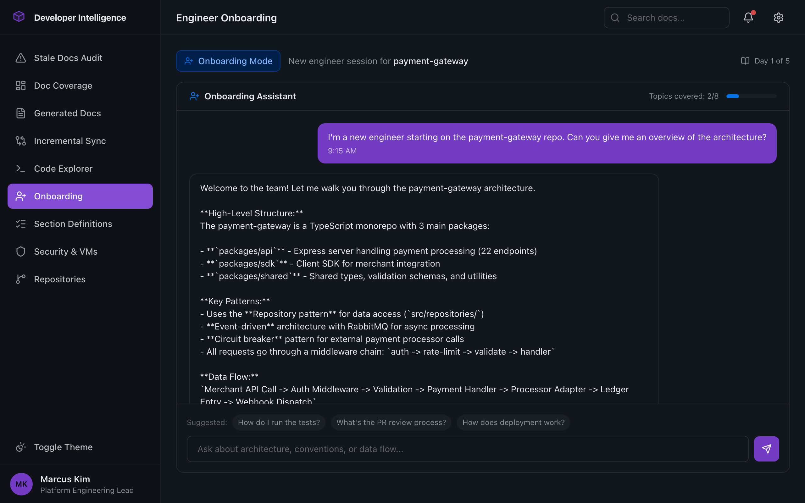 New engineer onboarding chat session