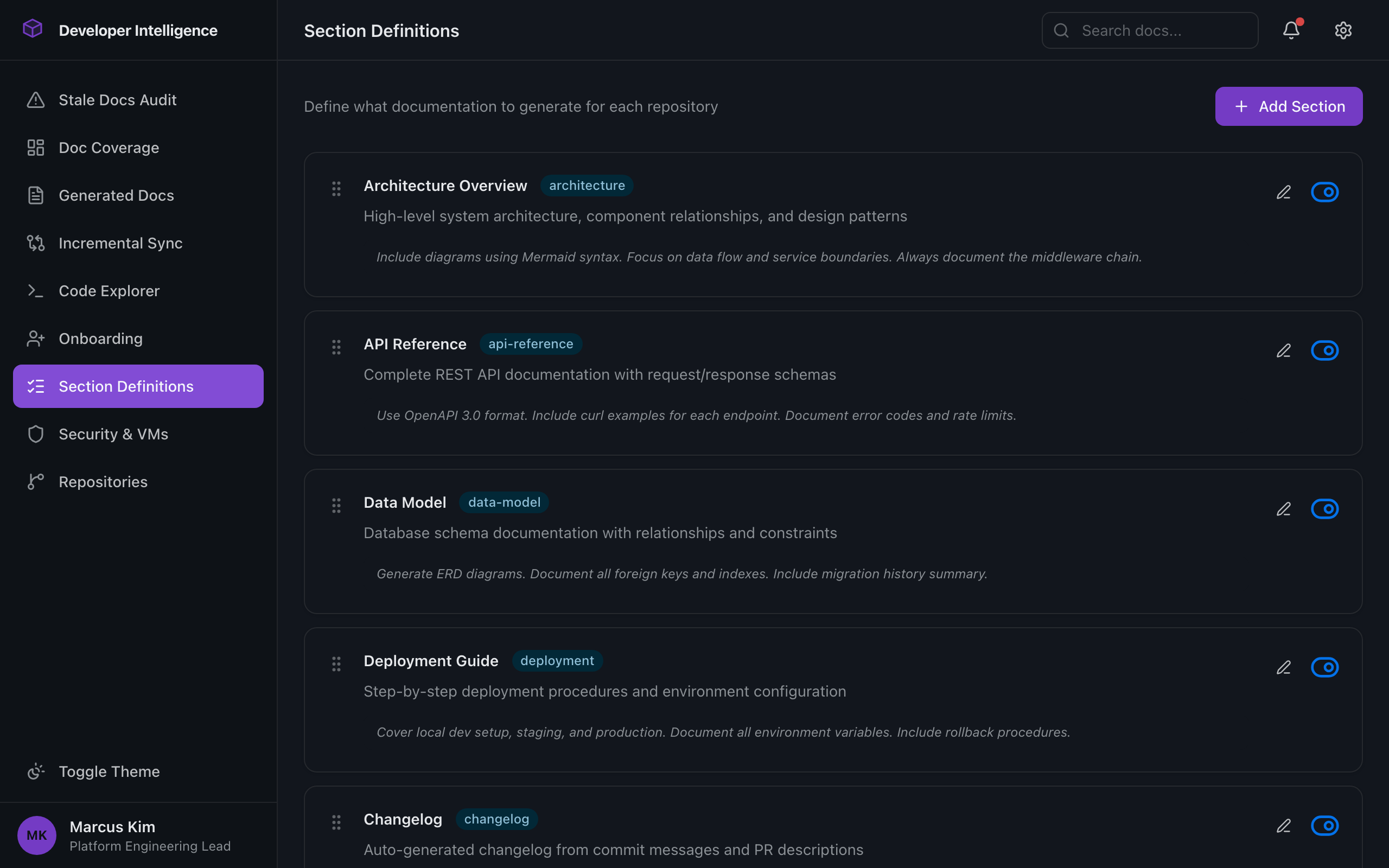 Custom section configuration interface