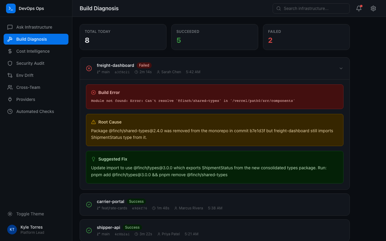 Build failure analysis with root cause and suggested fix
