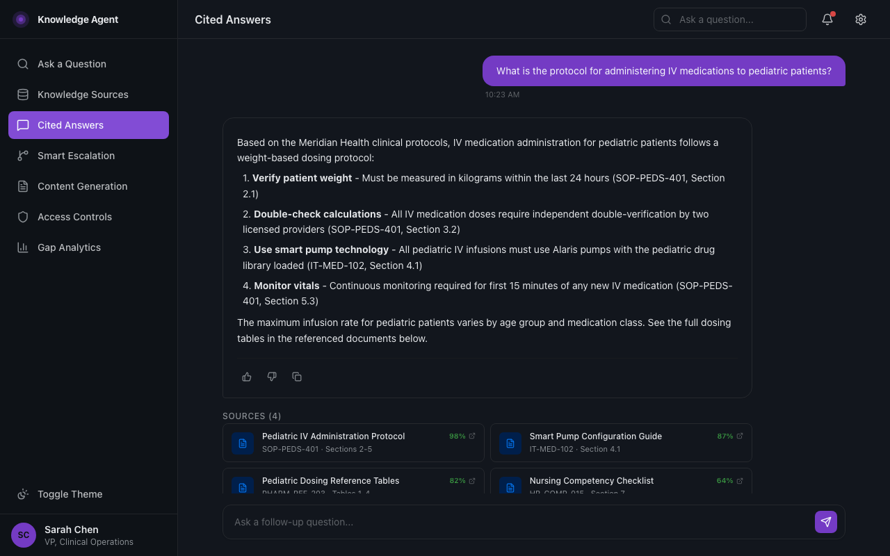 AI answer with inline source citations linking to exact documents