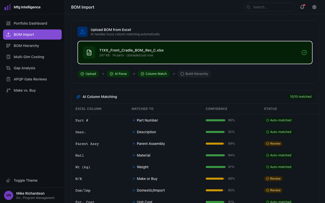 BOM upload interface with AI fuzzy column matching