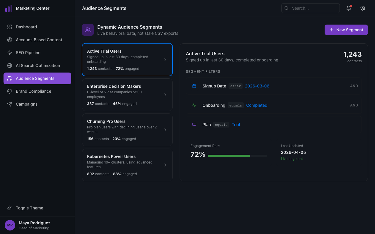 Audience segmentation builder with behavioral filters and engagement data