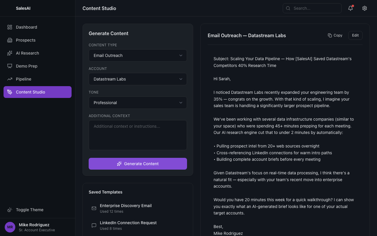 Personalized outreach content generated for a specific company
