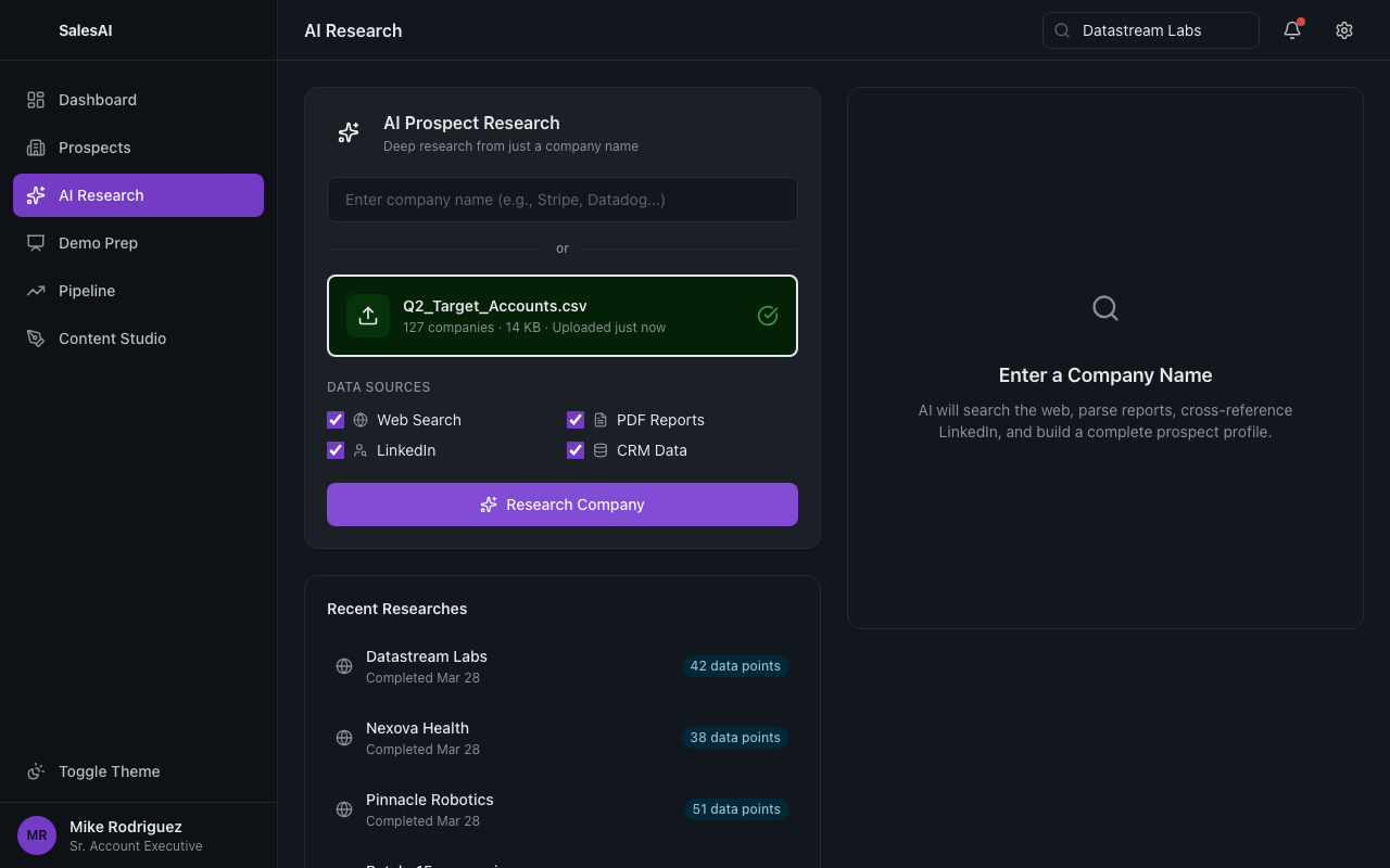 AI research results showing structured company intelligence