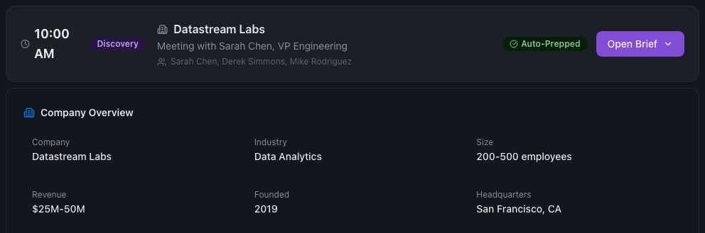 Meeting brief header with company overview grid